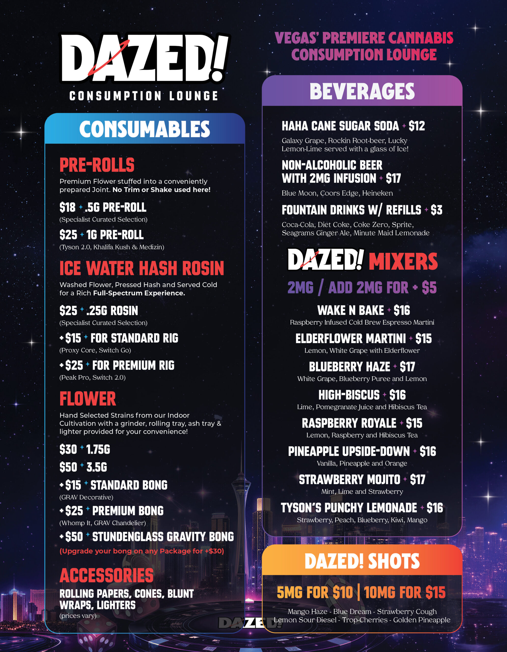 DAZED! in-lounge menu, page 1