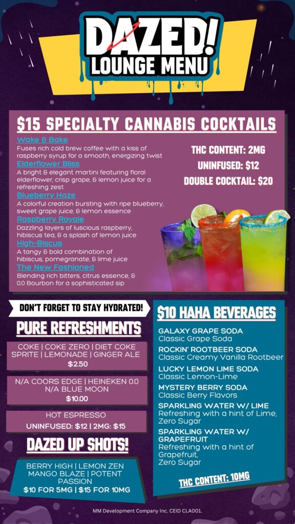 dazed menu, dazed lounge, planet 13, dazed consumption lounge, infused cocktails, Las Vegas consumption lounge