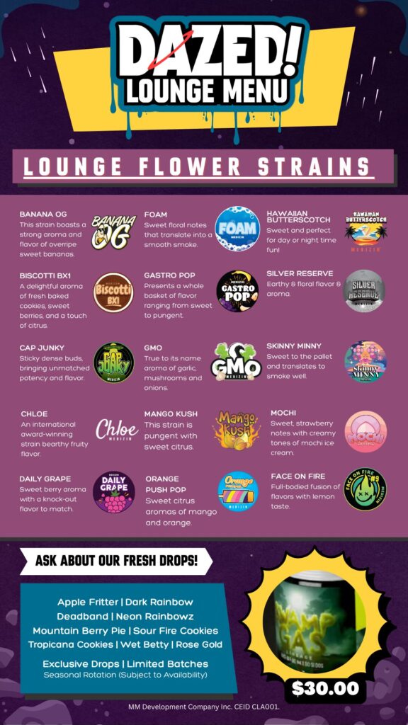 dazed menu, dazed lounge, planet 13, dazed consumption lounge, infused cocktails, Las Vegas consumption lounge