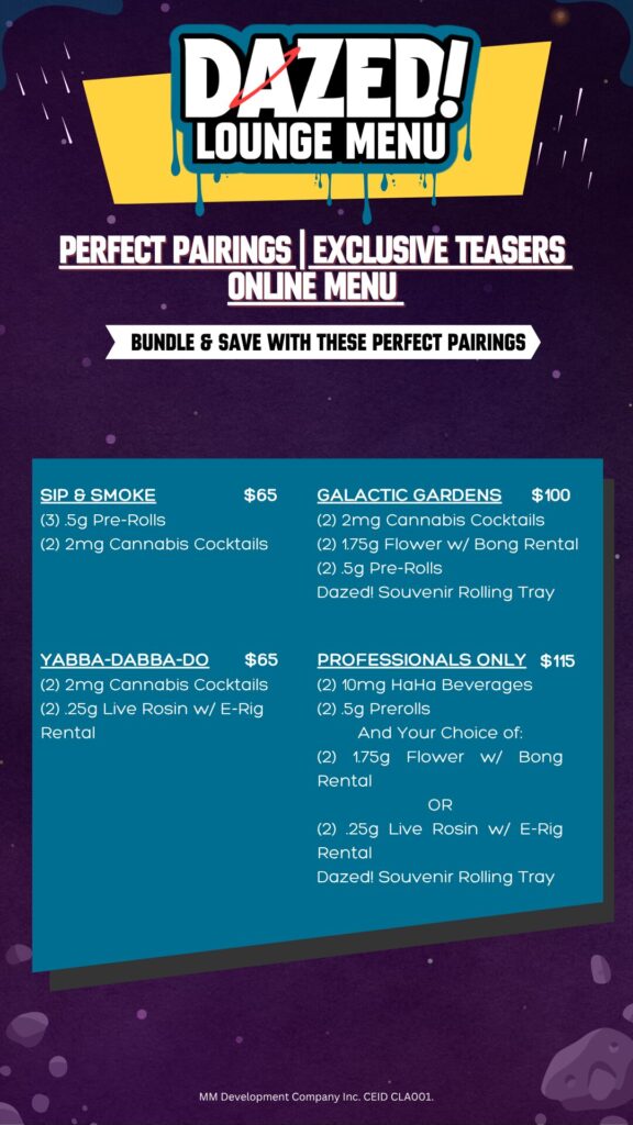 dazed menu, dazed lounge, planet 13, dazed consumption lounge, infused cocktails, Las Vegas consumption lounge